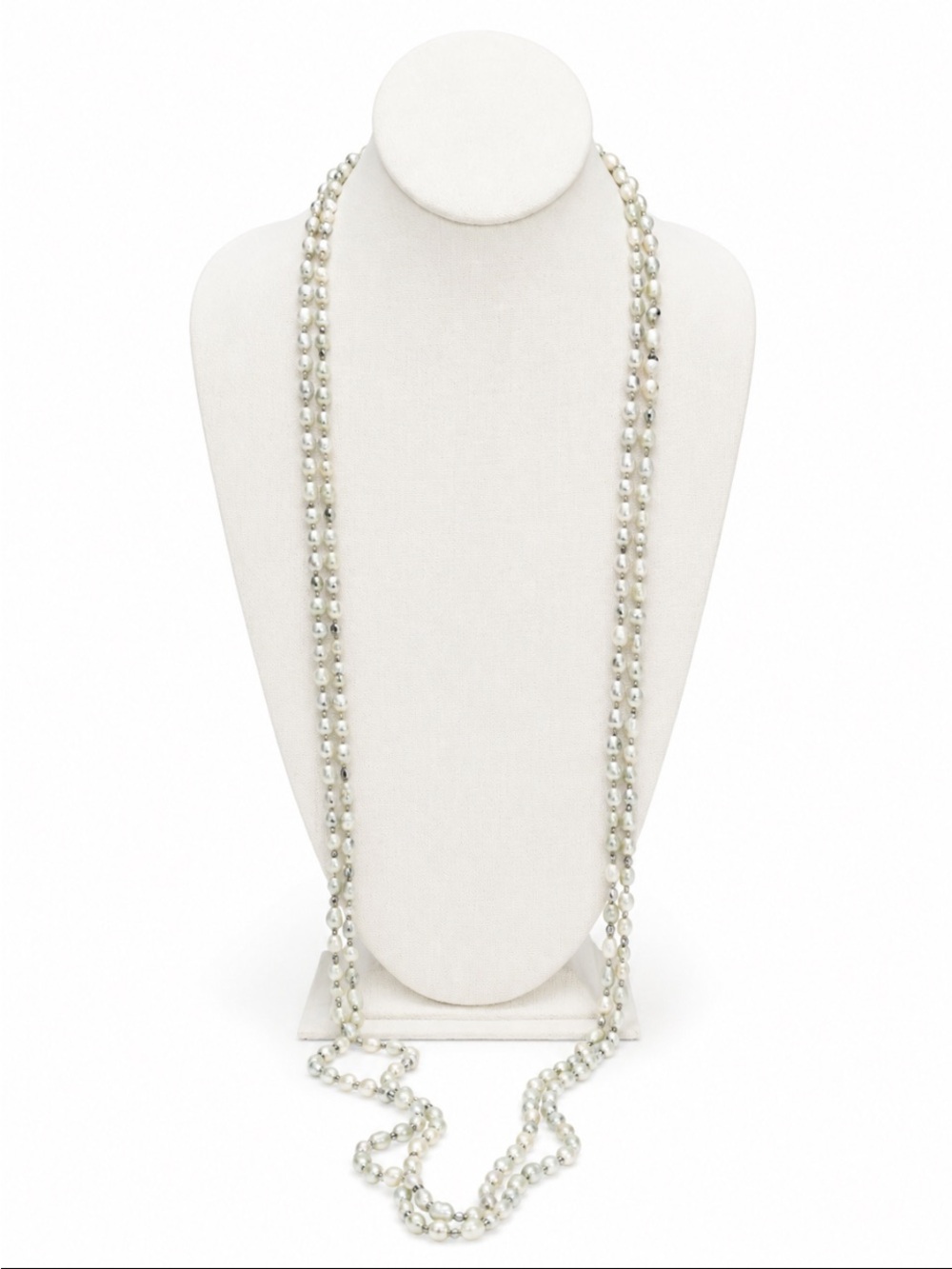 Vintage Hong Kong Long Pearl Beaded Necklace – White Green & Gray Marbled Beads